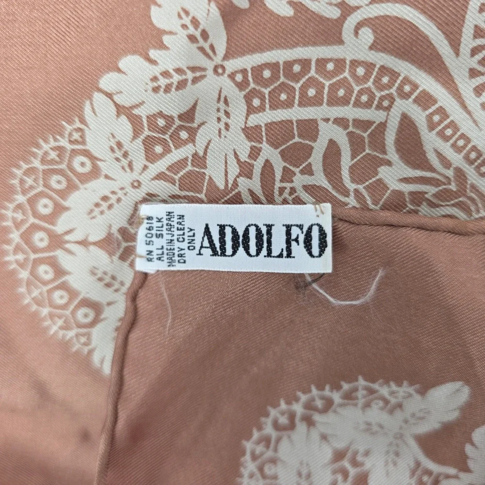 Adolfo Vintage Silk Scarf Copper Brown Cream Lace Floral Border Made in Japan